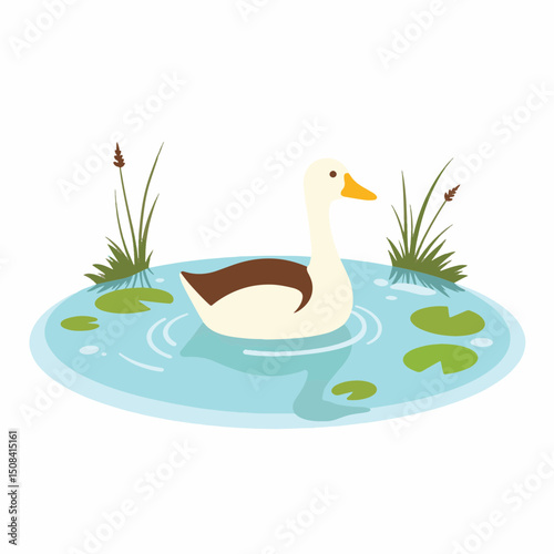 Tranquil duck gliding across serene pond with lily pads, nature harmony