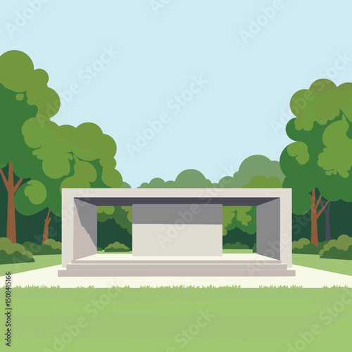 Modern park pavilion in a lush green environment, architectural simplicity