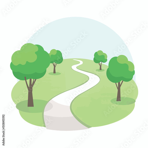 Winding park pathway in serene landscape, nature's calm journey