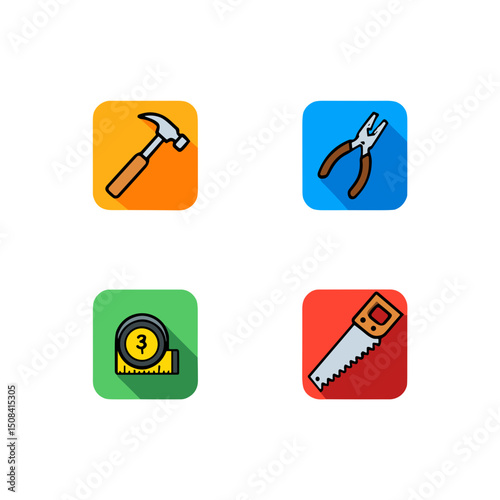 Colorful square icons of hand tools on white background