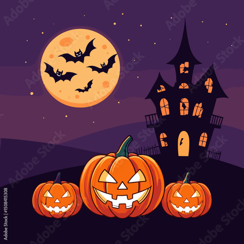 Halloween pumpkins and haunted house under full moon night
