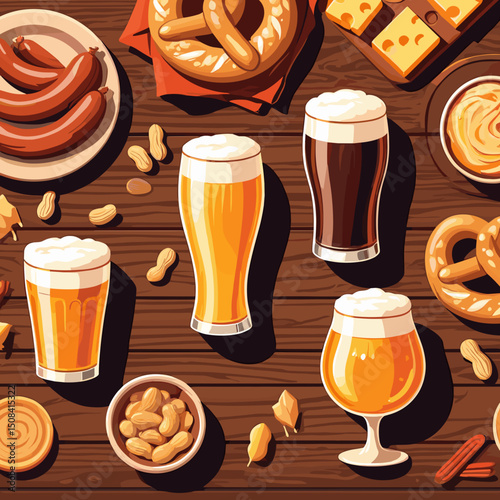 Assorted beer glasses and snacks on wooden table top view