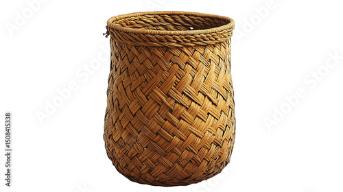 A handcrafted, light brown woven basket with a slightly tapered cylindrical form, showcasing intricate diagonal patterns in its construction