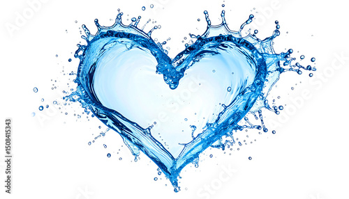 A heart shape formed by a splash of clear blue water, with droplets radiating outwards isolated on transparent or white background. Generative ai