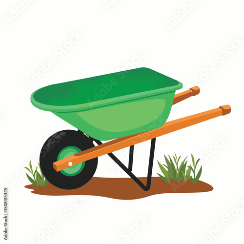 Bright green wheelbarrow in simple garden setting, gardening concept