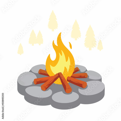 Warm bonfire with stacked logs in stone circle, autumn gathering