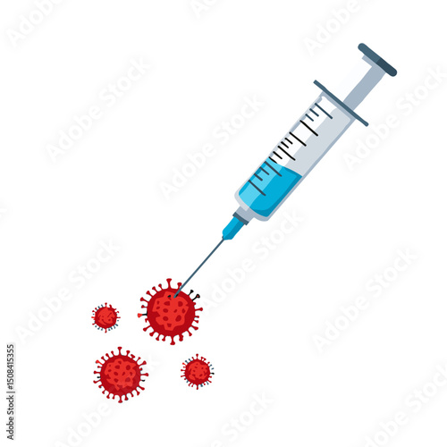 Syringe injecting vaccine into red virus cells on white