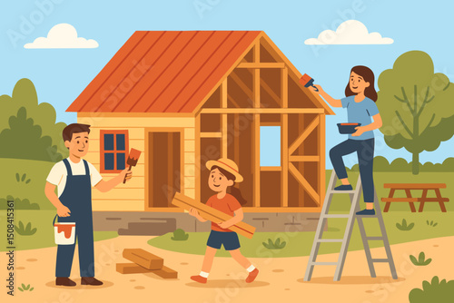 Family building and painting wooden house outdoors