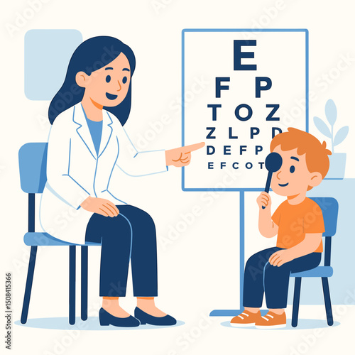 Female doctor giving eye exam to boy using vision chart