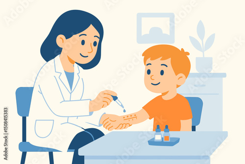 Female doctor applying allergy test drops on boy’s arm