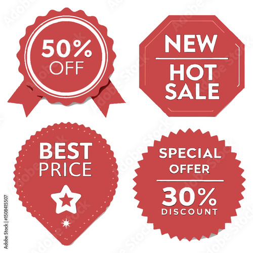 Set of red sale stickers, labels, tags and design elements.