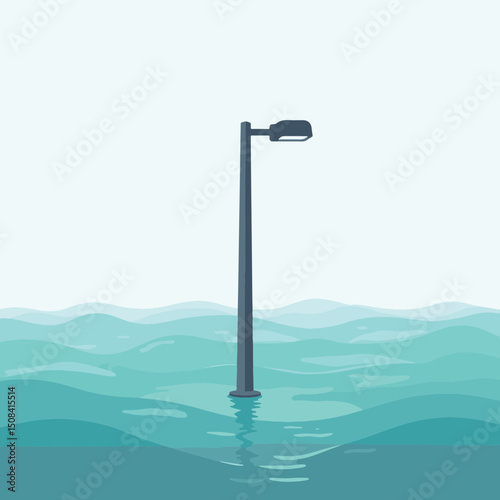 Submerged street lamp in tranquil waves, symbol of resilience