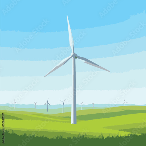 Sleek wind turbine standing tall in green landscape, renewable energy