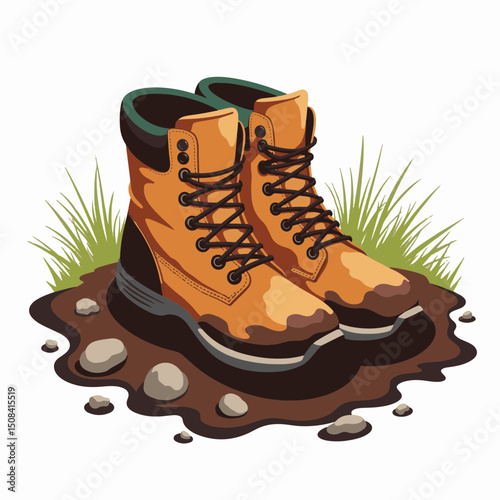 Rugged hiking boots stuck in muddy trail, adventure symbolism