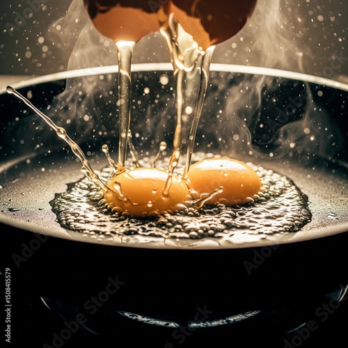 a close up in a pan focuses intently on eggs hitting a scorching hot pan