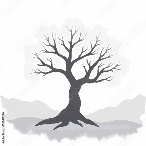 Lone gnarled tree emerging from fog in expansive landscape, resilience