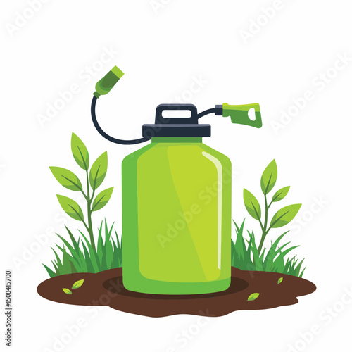 Vibrant garden sprayer surrounded by green weeds, gardening concept