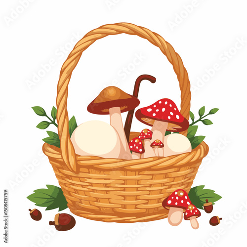 Woven basket filled with mushrooms on white background, foraging bounty