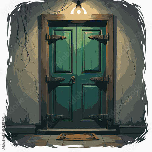 Mysterious old wooden door standing ajar in dim hallway, curiosity