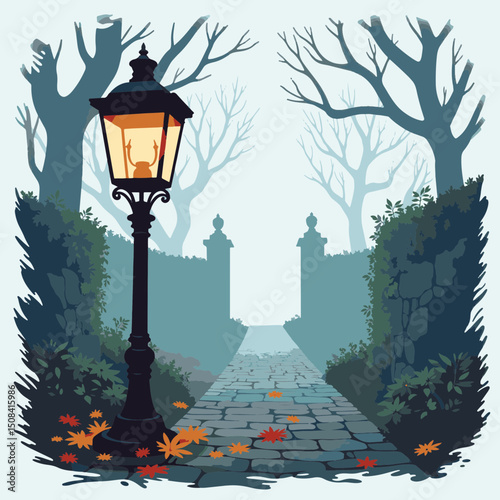 Mysterious lantern glow on cobblestone path, autumn ambiance