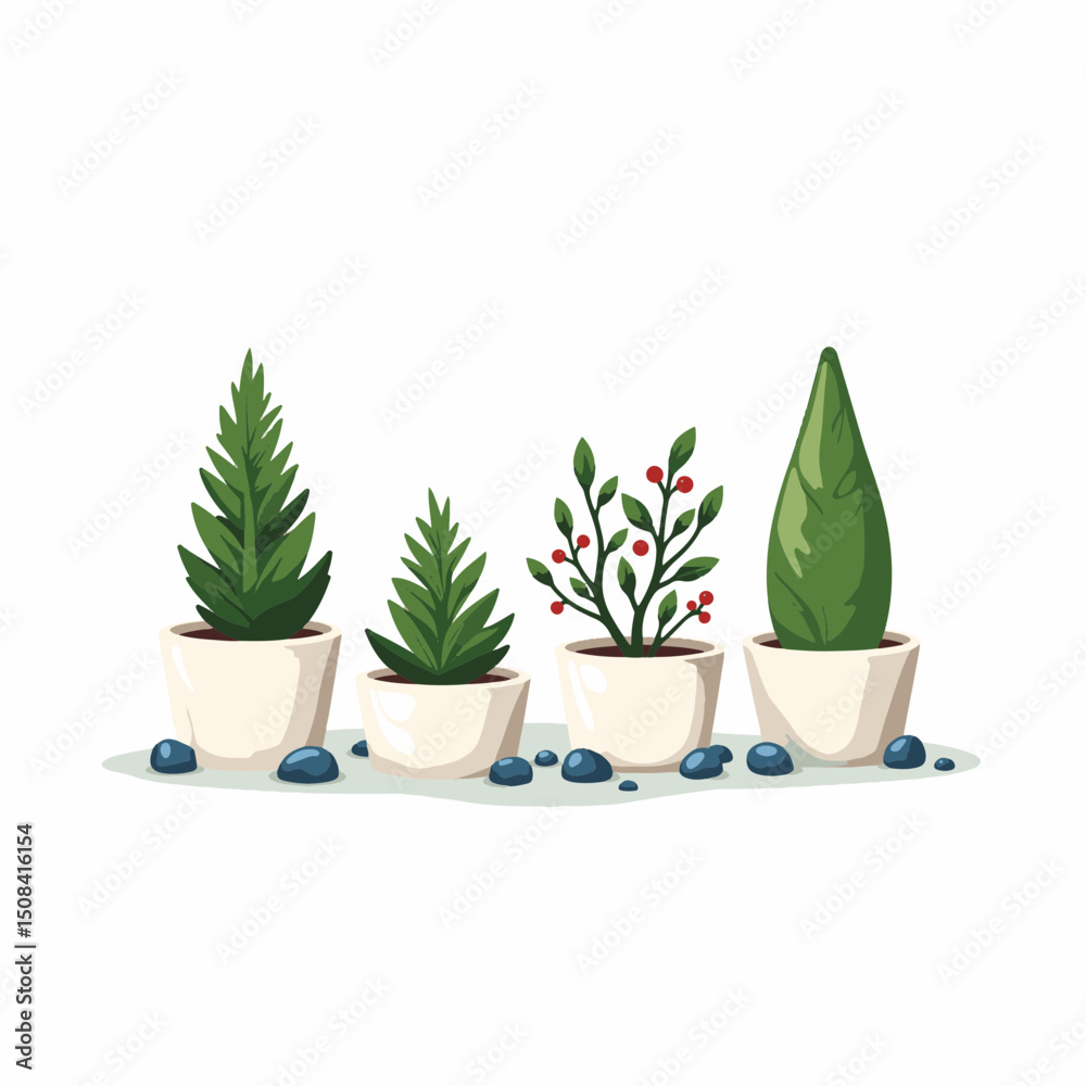 Obraz premium Symmetrical winter garden with evergreen planters, minimalist design