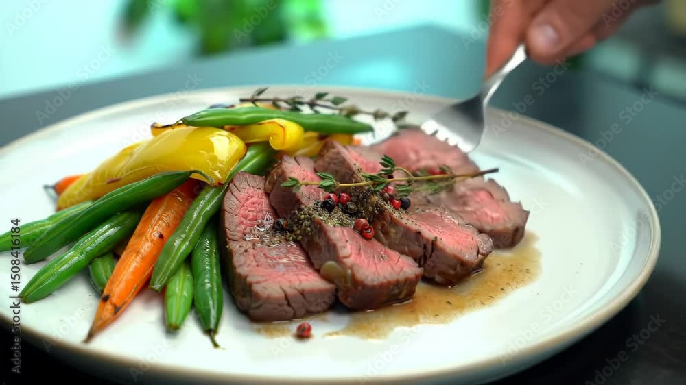 Medium-rare sliced steak with green beans, roasted carrots, and yellow peppers on white plate, photorealistic close-up, cinematic orbit and zoom