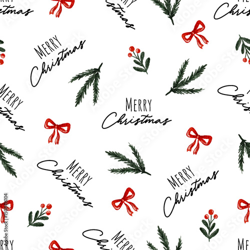 Seamless watercolor Christmas pattern with branches, bows, berries, and festive text. Vector illustration