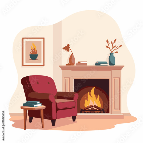 Cozy armchair by modern fireplace in minimalistic room, warmth and comfort
