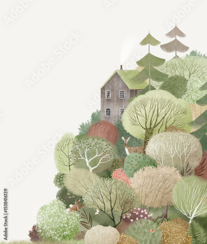 Wallpaper Mural House on the hill. Green hill, trees, forest animals and a cute house. Watercolor illustration. Hand drawn illustration for a child's room. Wall art. Torontodigital.ca