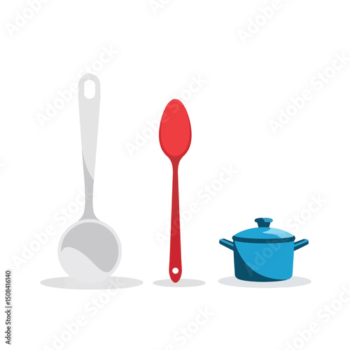 Colorful kitchen utensils illustration on white background, simplicity