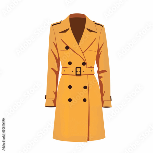 Classic camel trench coat illustration on white background, fashion design