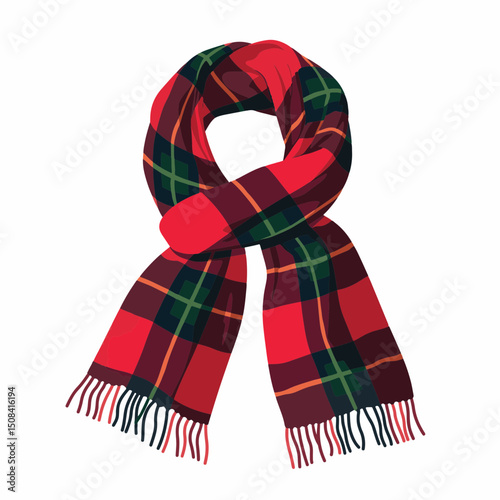 Plaid scarf showcasing vibrant tartan pattern on white background, cozy concept