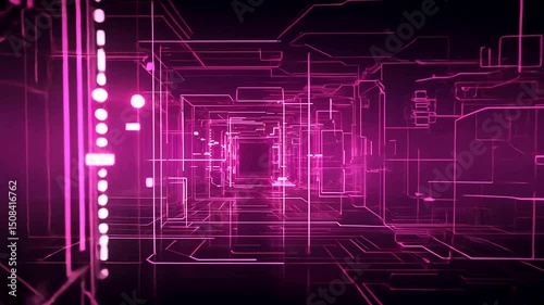 Glowing pink lines and geometric shapes float in a dark void, resembling a futuristic circuit board or abstract digital landscape
