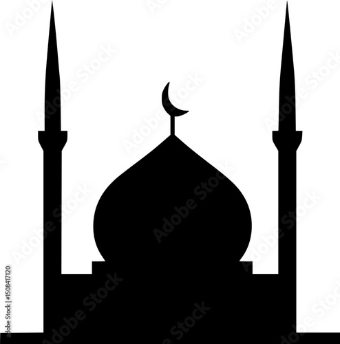 Minimal front view of a mosque: small central dome, two tapering minarets at the corners, simple rectangular base.	