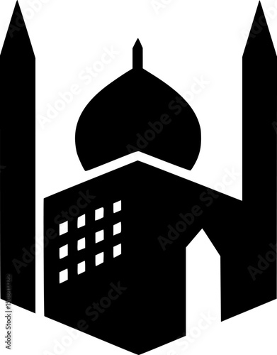 Modern angular building: two high corner towers framing a central onion dome atop a boxy structure with window grid.	 photo