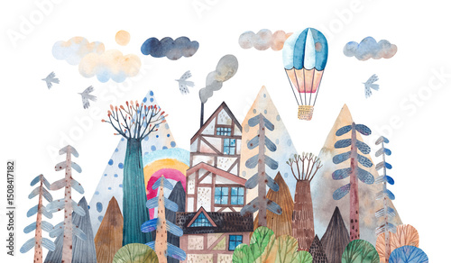 Wallpaper Mural Cute watercolor landscape. House, forest, mountains. Wall art. Torontodigital.ca