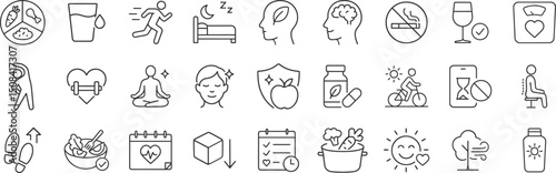 Healthy lifestyle and wellness icons including fitness, nutrition, mindfulness and medical habits, yoga, meditation, skincare, immune, supplement, walking, running, vector illustration set.