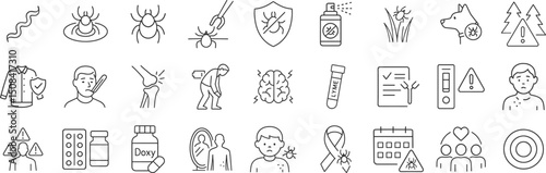 Lyme disease line icon set. Vector pictograms of pathogen, insect, repellent, spray, grass, dog, antibiotic pill, spirochete, doxycycline, disease prevention, awareness, thin linear illustration.