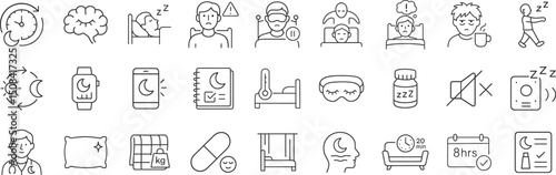 Sleep hygiene and night time health line icon set. Including vector pictograms of habits, disorders and doze aids, anxiety, apnea, supplement, schedule, routine, thin linear illustration.