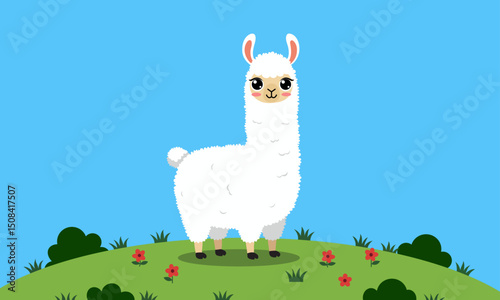 Whimsical cartoon white llama illustration standing on a grassy hill with colorful flowers, bushes, and a bright blue sky – joyful and playful children's design in a cheerful outdoor scene

