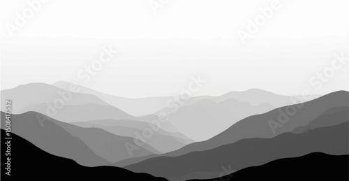Create a vector illustration of a minimalist grayscale mountain landscape. The image should have soft gradients and a layered effect to depict depth, with distant mountains appearing lighter and more.