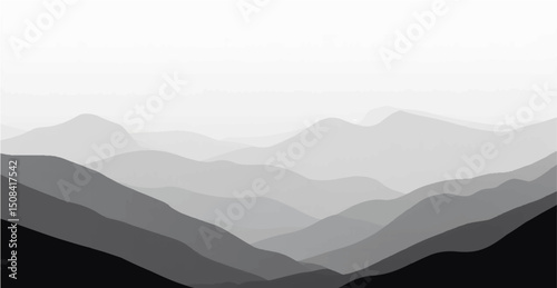 Create a vector illustration of a minimalist grayscale mountain landscape. The image should have soft gradients and a layered effect to depict depth, with distant mountains appearing lighter and more.