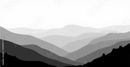 Create a vector illustration of a minimalist grayscale mountain landscape. The image should have soft gradients and a layered effect to depict depth, with distant mountains appearing lighter and more.