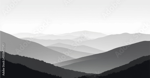 Create a vector illustration of a minimalist grayscale mountain landscape. The image should have soft gradients and a layered effect to depict depth, with distant mountains appearing lighter and more.