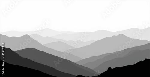 Create a vector illustration of a minimalist grayscale mountain landscape. The image should have soft gradients and a layered effect to depict depth, with distant mountains appearing lighter and more.