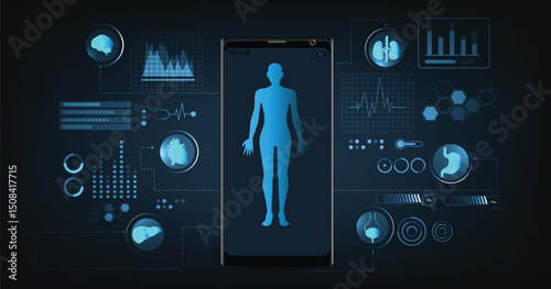 Concept of medical technology. graphic of human body with medical interface showcasing brain, heart, liver, kidney, Bladder and stomach on a dark blue background  and analysis interface.