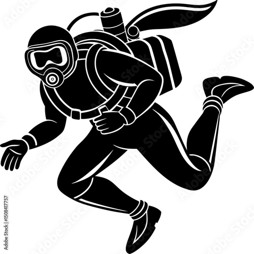 Silhouette of a scuba diver with gear, gracefully moving underwater in a minimalist monochrome design.


