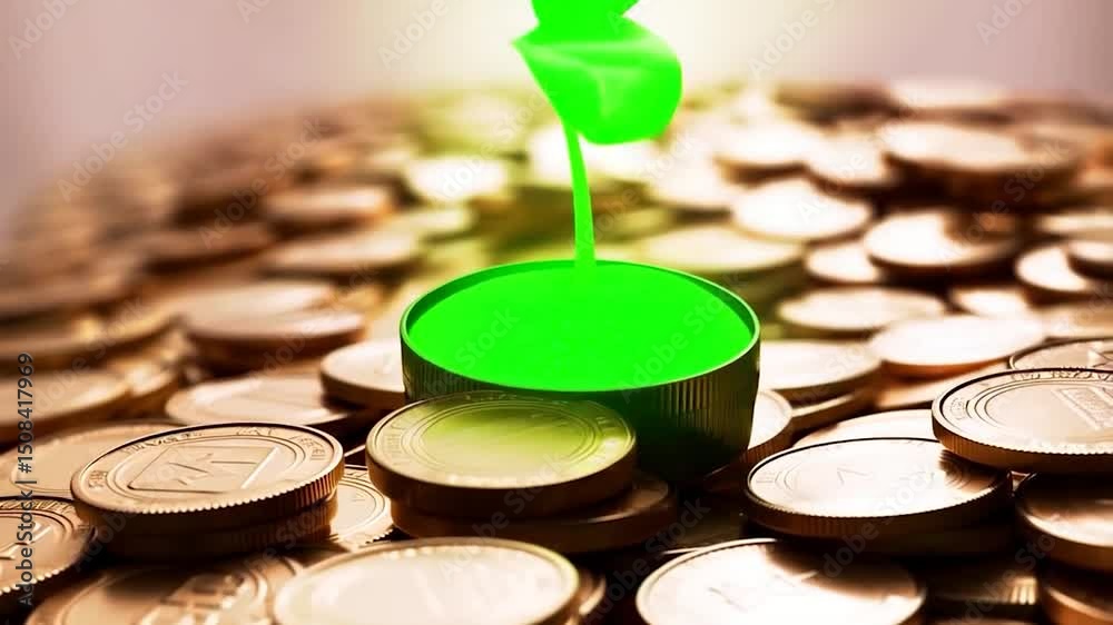 A small green sprout plant growing in a green container, set amidst a large pile of gold coins