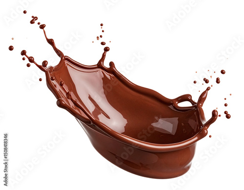 A rich, dark brown liquid elegantly splashes, forming a dynamic, curved shape against a stark black background.  The glossy surface reflects light, showcasing its texture