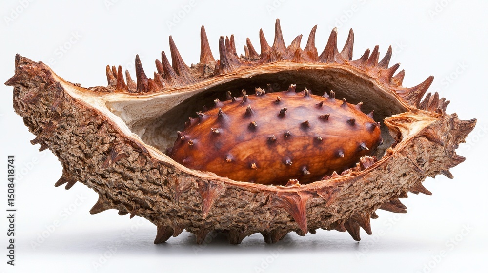 A spiny, dried, brown seed pod, cracked open to reveal a similarly textured, smaller, prickly seed inside, set against a stark white background A spiny, dried, brown seed pod, cracked open to reveal a similarly textured, smaller, prickly seed inside, set against a stark white background